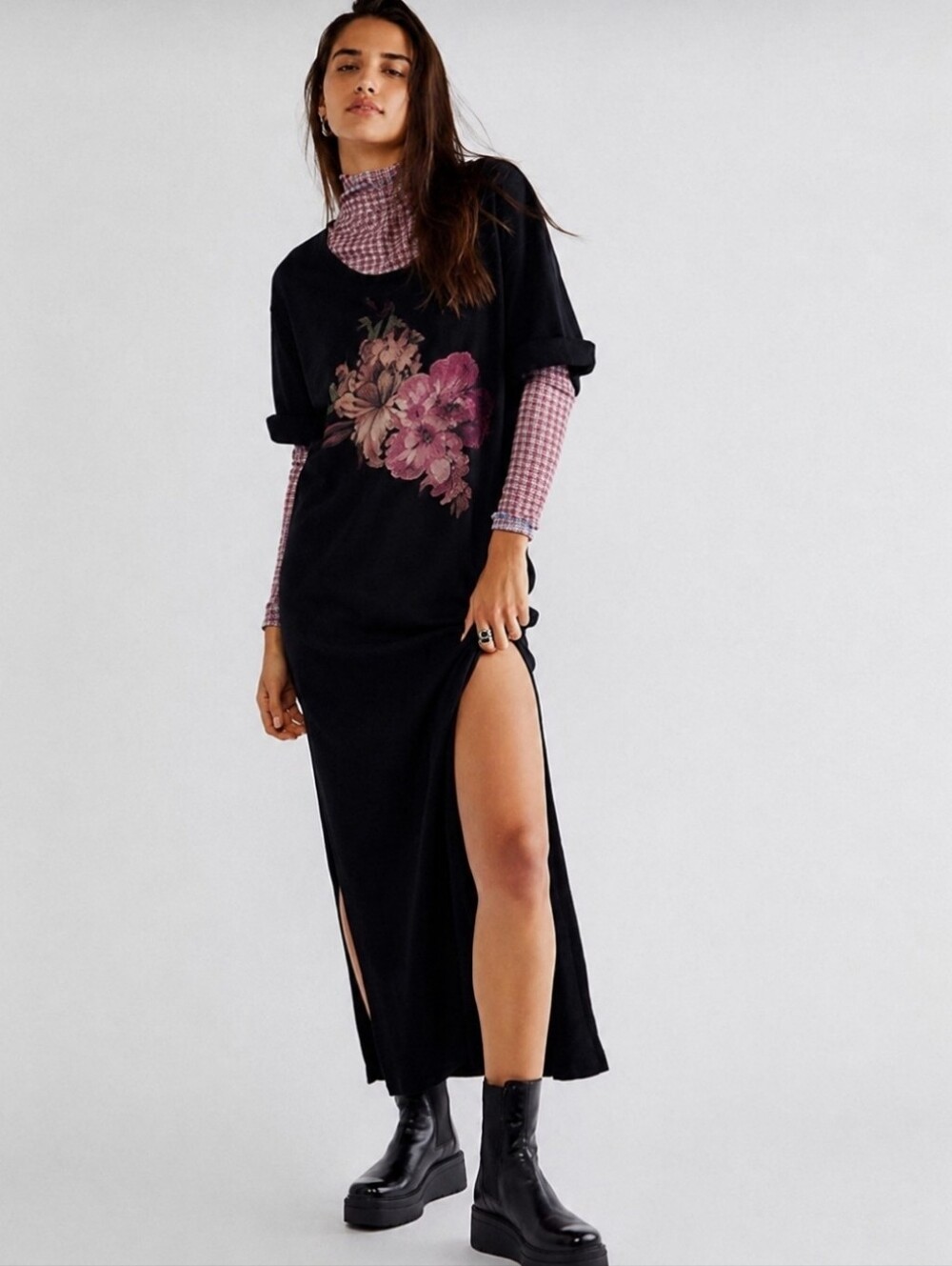 Free People Black Maxi Dress with Pink Floral Print